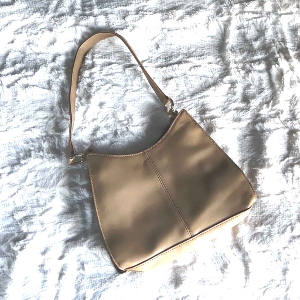 LIZ CLAIBORN, Beige, Tan, Leather, Zippered, Small, Mini, Bag, Handbag, Purse
